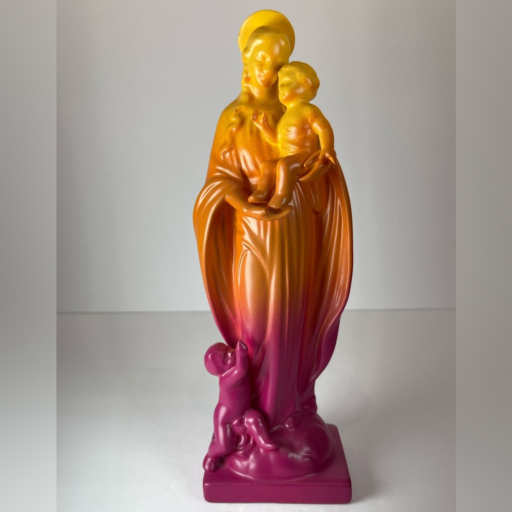 Vintage Mother Mary ceramic figurine, painted ombré pink yellow
